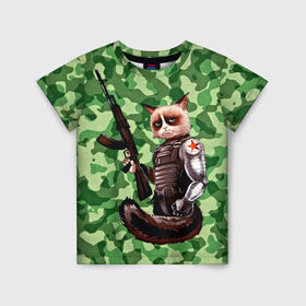 Детская футболка 3D с принтом Воинственный кот в Кировске, 100% гипоаллергенный полиэфир | прямой крой, круглый вырез горловины, длина до линии бедер, чуть спущенное плечо, ткань немного тянется | армия | арт | воин | животные | камуфляж | оружие