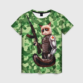 Женская футболка 3D с принтом Воинственный кот в Кировске, 100% полиэфир ( синтетическое хлопкоподобное полотно) | прямой крой, круглый вырез горловины, длина до линии бедер | армия | арт | воин | животные | камуфляж | оружие