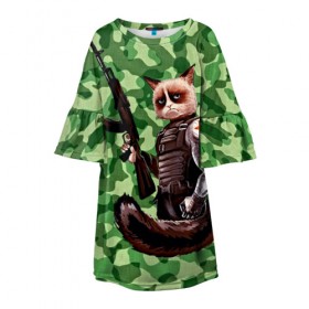 Детское платье 3D с принтом Воинственный кот в Кировске, 100% полиэстер | прямой силуэт, чуть расширенный к низу. Круглая горловина, на рукавах — воланы | армия | арт | воин | животные | камуфляж | оружие