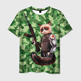 Мужская футболка 3D с принтом Воинственный кот в Кировске, 100% полиэфир | прямой крой, круглый вырез горловины, длина до линии бедер | Тематика изображения на принте: армия | арт | воин | животные | камуфляж | оружие