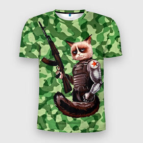 Мужская футболка 3D спортивная с принтом Воинственный кот в Кировске, 100% полиэстер с улучшенными характеристиками | приталенный силуэт, круглая горловина, широкие плечи, сужается к линии бедра | армия | арт | воин | животные | камуфляж | оружие