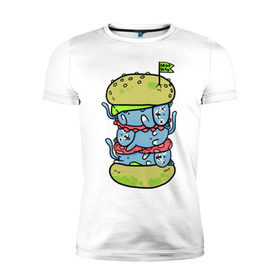 Мужская футболка премиум с принтом drop dead в Кировске, 92% хлопок, 8% лайкра | приталенный силуэт, круглый вырез ворота, длина до линии бедра, короткий рукав | Тематика изображения на принте: burger | cat | citty | hamburger | бургер | гамбургер | кот | кошка