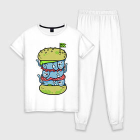 Женская пижама хлопок с принтом drop dead в Кировске, 100% хлопок | брюки и футболка прямого кроя, без карманов, на брюках мягкая резинка на поясе и по низу штанин | burger | cat | citty | hamburger | бургер | гамбургер | кот | кошка