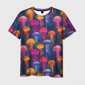 Мужская футболка 3D с принтом Медузы в Кировске, 100% полиэфир | прямой крой, круглый вырез горловины, длина до линии бедер | Тематика изображения на принте: лето | медузы | море | океан. рыбы | подводный мир