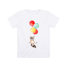 Детская футболка хлопок с принтом Енот в Кировске, 100% хлопок | круглый вырез горловины, полуприлегающий силуэт, длина до линии бедер | акварель | бабочка | воздушный | иллюстрация | илюстрация | полет | рисунок | шарик