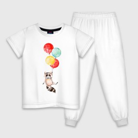 Детская пижама хлопок с принтом Енот в Кировске, 100% хлопок |  брюки и футболка прямого кроя, без карманов, на брюках мягкая резинка на поясе и по низу штанин
 | Тематика изображения на принте: акварель | бабочка | воздушный | иллюстрация | илюстрация | полет | рисунок | шарик
