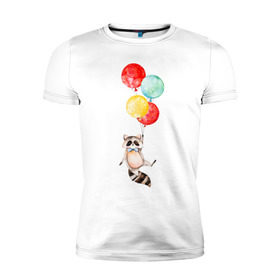 Мужская футболка премиум с принтом Енот в Кировске, 92% хлопок, 8% лайкра | приталенный силуэт, круглый вырез ворота, длина до линии бедра, короткий рукав | акварель | бабочка | воздушный | иллюстрация | илюстрация | полет | рисунок | шарик