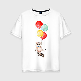 Женская футболка хлопок Oversize с принтом Енот в Кировске, 100% хлопок | свободный крой, круглый ворот, спущенный рукав, длина до линии бедер
 | акварель | бабочка | воздушный | иллюстрация | илюстрация | полет | рисунок | шарик