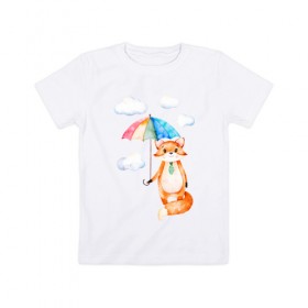 Детская футболка хлопок с принтом Лис в Кировске, 100% хлопок | круглый вырез горловины, полуприлегающий силуэт, длина до линии бедер | акварель | зонт | иллюстрация | облака
