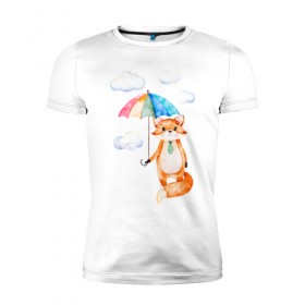 Мужская футболка премиум с принтом Лис в Кировске, 92% хлопок, 8% лайкра | приталенный силуэт, круглый вырез ворота, длина до линии бедра, короткий рукав | акварель | зонт | иллюстрация | облака