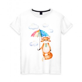 Женская футболка хлопок с принтом Лис в Кировске, 100% хлопок | прямой крой, круглый вырез горловины, длина до линии бедер, слегка спущенное плечо | акварель | зонт | иллюстрация | облака