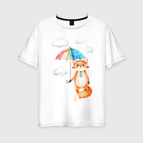 Женская футболка хлопок Oversize с принтом Лис в Кировске, 100% хлопок | свободный крой, круглый ворот, спущенный рукав, длина до линии бедер
 | акварель | зонт | иллюстрация | облака