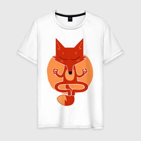 Мужская футболка хлопок с принтом Inner Fox в Кировске, 100% хлопок | прямой крой, круглый вырез горловины, длина до линии бедер, слегка спущенное плечо. | Тематика изображения на принте: fox | йога | лис | лиса | медитация