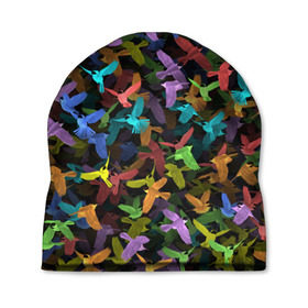 Шапка 3D с принтом Разноцветные птички в Кировске, 100% полиэстер | универсальный размер, печать по всей поверхности изделия | ворбьи | куча | паттерн | птица | птицы | радуга | радужный | синцы | стая | текстура