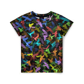 Детская футболка 3D с принтом Разноцветные птички в Кировске, 100% гипоаллергенный полиэфир | прямой крой, круглый вырез горловины, длина до линии бедер, чуть спущенное плечо, ткань немного тянется | ворбьи | куча | паттерн | птица | птицы | радуга | радужный | синцы | стая | текстура