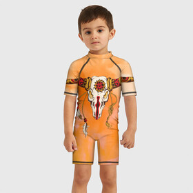 Детский купальный костюм 3D с принтом этника в Кировске, Полиэстер 85%, Спандекс 15% | застежка на молнии на спине | индейцы | ловец снов | орнамент | перья | пустыня | рога | тотем | узоры | череп | этно