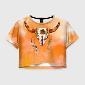 Женская футболка 3D укороченная с принтом этника в Кировске, 100% полиэстер | круглая горловина, длина футболки до линии талии, рукава с отворотами | индейцы | ловец снов | орнамент | перья | пустыня | рога | тотем | узоры | череп | этно