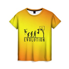 Женская футболка 3D с принтом Эволюция баскетбола в Кировске, 100% полиэфир ( синтетическое хлопкоподобное полотно) | прямой крой, круглый вырез горловины, длина до линии бедер | Тематика изображения на принте: basketball | evolution | желтый | обезьяна человек | оранжевый | эволюция