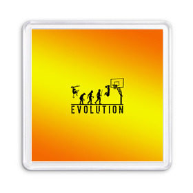 Магнит 55*55 с принтом Эволюция баскетбола в Кировске, Пластик | Размер: 65*65 мм; Размер печати: 55*55 мм | Тематика изображения на принте: basketball | evolution | желтый | обезьяна человек | оранжевый | эволюция