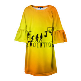 Детское платье 3D с принтом Эволюция баскетбола в Кировске, 100% полиэстер | прямой силуэт, чуть расширенный к низу. Круглая горловина, на рукавах — воланы | basketball | evolution | желтый | обезьяна человек | оранжевый | эволюция