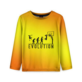 Детский лонгслив 3D с принтом Эволюция баскетбола в Кировске, 100% полиэстер | длинные рукава, круглый вырез горловины, полуприлегающий силуэт
 | Тематика изображения на принте: basketball | evolution | желтый | обезьяна человек | оранжевый | эволюция