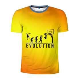 Мужская футболка 3D спортивная с принтом Эволюция баскетбола в Кировске, 100% полиэстер с улучшенными характеристиками | приталенный силуэт, круглая горловина, широкие плечи, сужается к линии бедра | basketball | evolution | желтый | обезьяна человек | оранжевый | эволюция