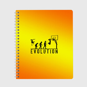 Тетрадь с принтом Эволюция баскетбола в Кировске, 100% бумага | 48 листов, плотность листов — 60 г/м2, плотность картонной обложки — 250 г/м2. Листы скреплены сбоку удобной пружинной спиралью. Уголки страниц и обложки скругленные. Цвет линий — светло-серый
 | Тематика изображения на принте: basketball | evolution | желтый | обезьяна человек | оранжевый | эволюция