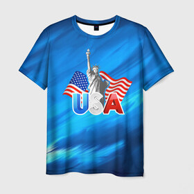 Мужская футболка 3D с принтом USA в Кировске, 100% полиэфир | прямой крой, круглый вырез горловины, длина до линии бедер | 3d | blue | usa | америка | города | краски | любовь | страны | сша | турист | флаг