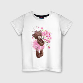 Детская футболка хлопок с принтом Цветы в Кировске, 100% хлопок | круглый вырез горловины, полуприлегающий силуэт, длина до линии бедер | акварель | балерина | девочка | игрушка | медведь | мило | мимими | пачка | плюшевый | рисунок | розы | сердце | теди
