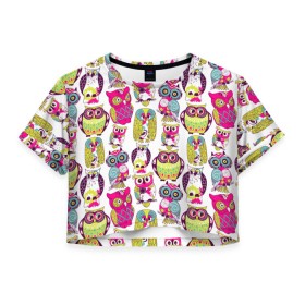 Женская футболка 3D укороченная с принтом Совы в Кировске, 100% полиэстер | круглая горловина, длина футболки до линии талии, рукава с отворотами | абстракция | паттерн | совы | цветные | яркие