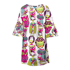 Детское платье 3D с принтом Совы в Кировске, 100% полиэстер | прямой силуэт, чуть расширенный к низу. Круглая горловина, на рукавах — воланы | абстракция | паттерн | совы | цветные | яркие