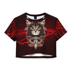 Женская футболка 3D укороченная с принтом Electro cat в Кировске, 100% полиэстер | круглая горловина, длина футболки до линии талии, рукава с отворотами | cat | взгляд | кот | кот хипстер | котёнок | котятки | кошка | молния | мордочка | разряд | электричество