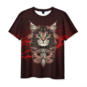 Мужская футболка 3D с принтом Electro cat в Кировске, 100% полиэфир | прямой крой, круглый вырез горловины, длина до линии бедер | Тематика изображения на принте: cat | взгляд | кот | кот хипстер | котёнок | котятки | кошка | молния | мордочка | разряд | электричество