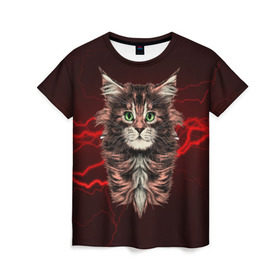 Женская футболка 3D с принтом Electro cat в Кировске, 100% полиэфир ( синтетическое хлопкоподобное полотно) | прямой крой, круглый вырез горловины, длина до линии бедер | cat | взгляд | кот | кот хипстер | котёнок | котятки | кошка | молния | мордочка | разряд | электричество