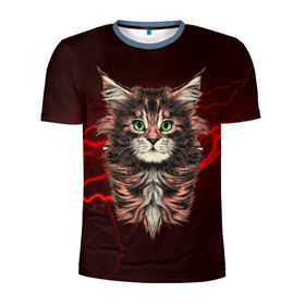 Мужская футболка 3D спортивная с принтом Electro cat в Кировске, 100% полиэстер с улучшенными характеристиками | приталенный силуэт, круглая горловина, широкие плечи, сужается к линии бедра | cat | взгляд | кот | кот хипстер | котёнок | котятки | кошка | молния | мордочка | разряд | электричество