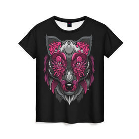 Женская футболка 3D с принтом Волк в Кировске, 100% полиэфир ( синтетическое хлопкоподобное полотно) | прямой крой, круглый вырез горловины, длина до линии бедер | wolf | арт | взгляд | графика | живопись | лис | лиса | рисунок | розовый | тотем | хищник