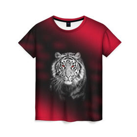 Женская футболка 3D с принтом Тигр красные глаза в Кировске, 100% полиэфир ( синтетическое хлопкоподобное полотно) | прямой крой, круглый вырез горловины, длина до линии бедер |  хищник | багровый | большая кошка | глаза. красные | красный | кровавый | тигр