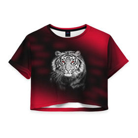 Женская футболка 3D укороченная с принтом Тигр красные глаза в Кировске, 100% полиэстер | круглая горловина, длина футболки до линии талии, рукава с отворотами |  хищник | багровый | большая кошка | глаза. красные | красный | кровавый | тигр
