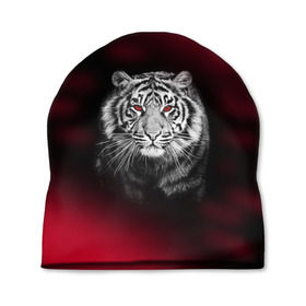 Шапка 3D с принтом Тигр красные глаза в Кировске, 100% полиэстер | универсальный размер, печать по всей поверхности изделия |  хищник | багровый | большая кошка | глаза. красные | красный | кровавый | тигр