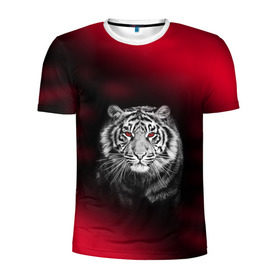 Мужская футболка 3D спортивная с принтом Тигр красные глаза в Кировске, 100% полиэстер с улучшенными характеристиками | приталенный силуэт, круглая горловина, широкие плечи, сужается к линии бедра |  хищник | багровый | большая кошка | глаза. красные | красный | кровавый | тигр