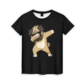 Женская футболка 3D с принтом Dog dab в Кировске, 100% полиэфир ( синтетическое хлопкоподобное полотно) | прямой крой, круглый вырез горловины, длина до линии бедер | Тематика изображения на принте: арт | животное | мопс | музыка | собака