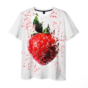 Мужская футболка 3D с принтом Клубника в Кировске, 100% полиэфир | прямой крой, круглый вырез горловины, длина до линии бедер | брызги | земляника | клубника | краски | красный | природа | рисунок | фрукты