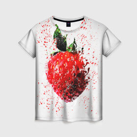 Женская футболка 3D с принтом Клубника в Кировске, 100% полиэфир ( синтетическое хлопкоподобное полотно) | прямой крой, круглый вырез горловины, длина до линии бедер | брызги | земляника | клубника | краски | красный | природа | рисунок | фрукты