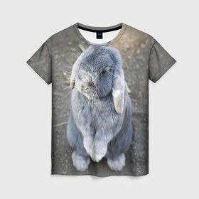 Женская футболка 3D с принтом Кролик в Кировске, 100% полиэфир ( синтетическое хлопкоподобное полотно) | прямой крой, круглый вырез горловины, длина до линии бедер | грызун | животные | заяц | кролик | мордочка | природа | пушистый | уши