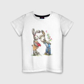 Детская футболка хлопок с принтом Любовь в Кировске, 100% хлопок | круглый вырез горловины, полуприлегающий силуэт, длина до линии бедер | акварель | зайчиха | заяц | игрушка | кролики | мимими | плюшевый | рисунок | ягода