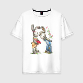 Женская футболка хлопок Oversize с принтом Любовь в Кировске, 100% хлопок | свободный крой, круглый ворот, спущенный рукав, длина до линии бедер
 | акварель | зайчиха | заяц | игрушка | кролики | мимими | плюшевый | рисунок | ягода