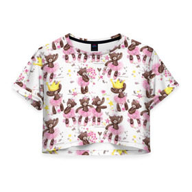 Женская футболка 3D укороченная с принтом Плюшевые мишки в Кировске, 100% полиэстер | круглая горловина, длина футболки до линии талии, рукава с отворотами | акварель | балерина | медведи | пачка | пуанты | рисунок | розовый | теди | цветы