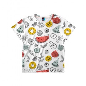 Детская футболка 3D с принтом Летний микс в Кировске, 100% гипоаллергенный полиэфир | прямой крой, круглый вырез горловины, длина до линии бедер, чуть спущенное плечо, ткань немного тянется | ананас | апельсин | арбуз | груша | еда | клубника | лето | листья | минимализм | персик | раскраска | фрукты | ягоды