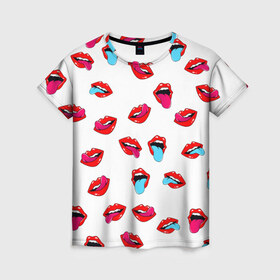 Женская футболка 3D с принтом Игривые губы в Кировске, 100% полиэфир ( синтетическое хлопкоподобное полотно) | прямой крой, круглый вырез горловины, длина до линии бедер | арт | губы | паттерн | поп | язык