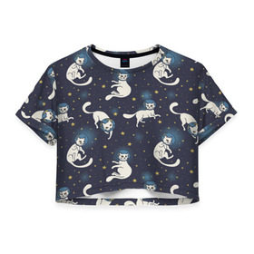 Женская футболка 3D укороченная с принтом Космокотики в Кировске, 100% полиэстер | круглая горловина, длина футболки до линии талии, рукава с отворотами | звёзды | космос | кот | котик | кошка | паттерн | скафандр